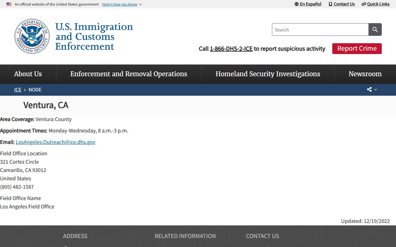 ICE Ventura Check-In Office record for Ventura County immigration custody lookup