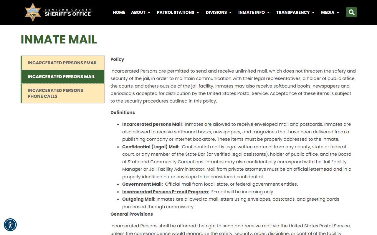 Ventura County Pre-Trial Detention Facility inmate mail and booking number rules
