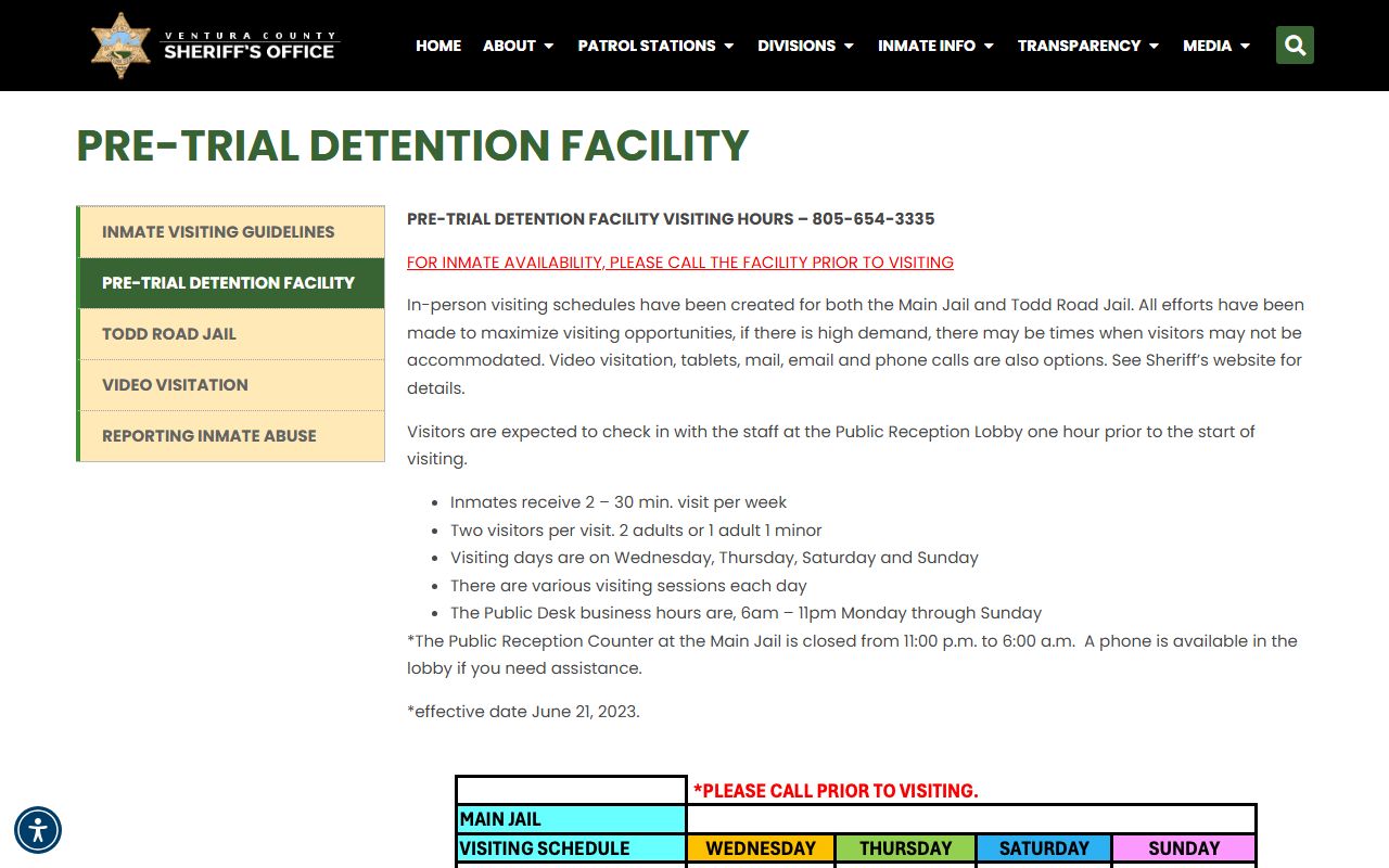 Ventura County inmate records Main Jail visiting schedule and deposit information