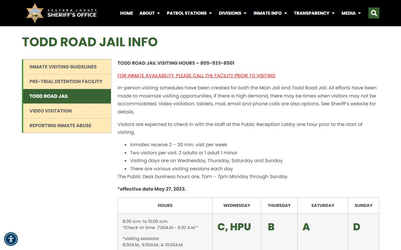 Ventura County Todd Road Jail visiting schedule for inmates